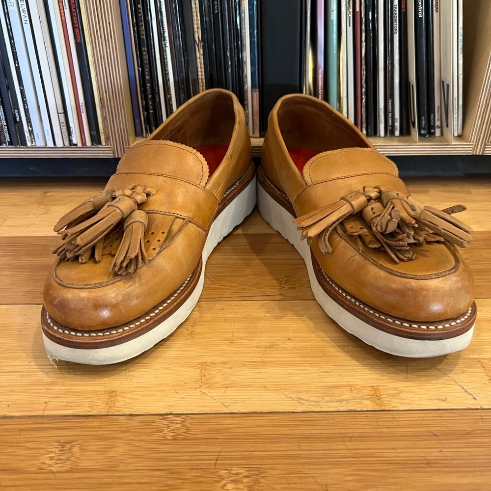Grenson Tan Leather Tassel Loafers with White Platform Sole